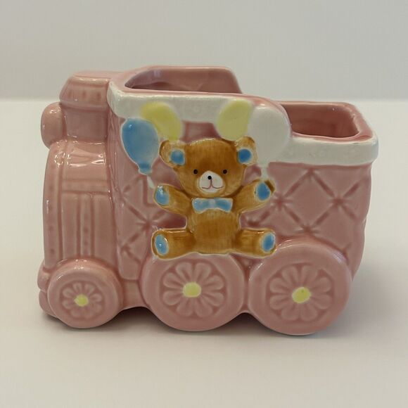 Nancy Pew Ceramic Planter Pink Train Baby Shower Nursery Decor Vintage - Picture 1 of 7